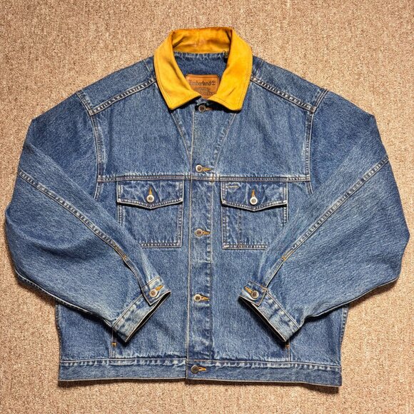 Vintage Timberland Classic Blue Denim Jacket Tam Leather Collar Weathergear Jean - Picture 13 of 13